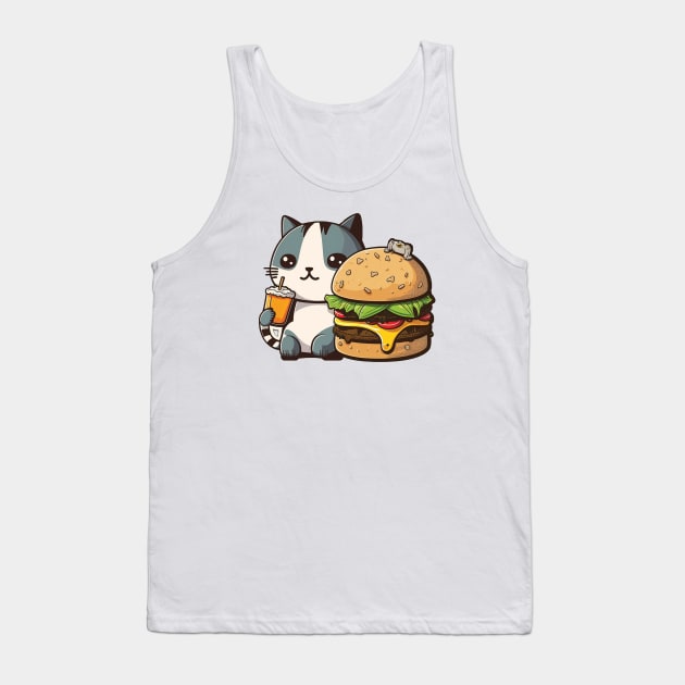 Cute Cat Eating Burger Tank Top by Cute Pets Stickers